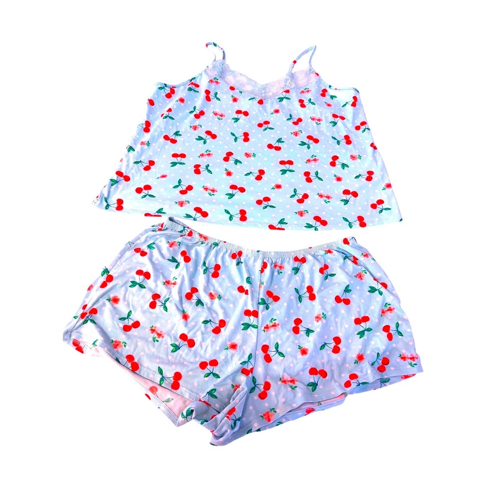 Joyspun Pajama Set Blue Cherry Floral Lace Trim Cami Shorts Size L 12-14